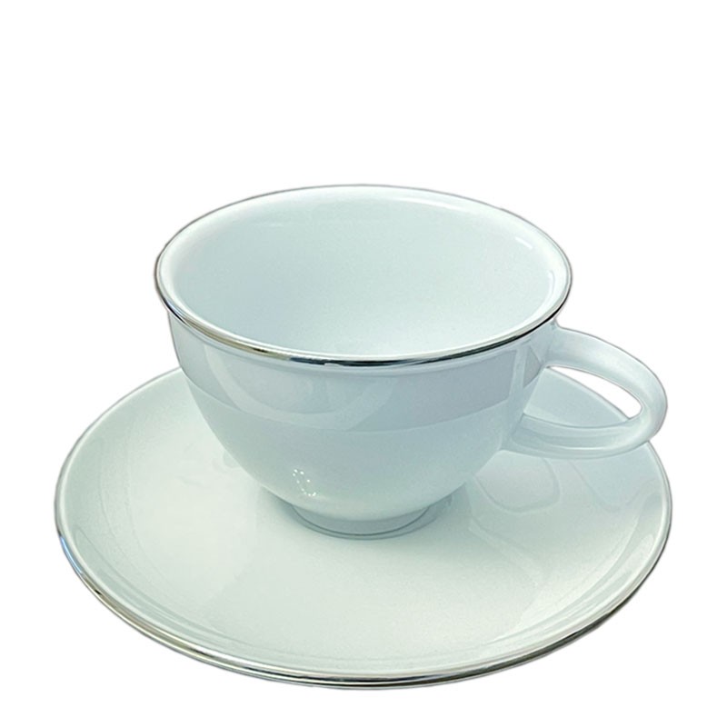 COFFEE Cup + Saucer - White Porcelain, with PLATINUM Edge