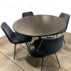 Modern Étkező Szett – Kerek Fekete Asztal + 4 Sötétkék Bársony Szék | Elegáns & Kényelmes (Használt, Jó Állapot)